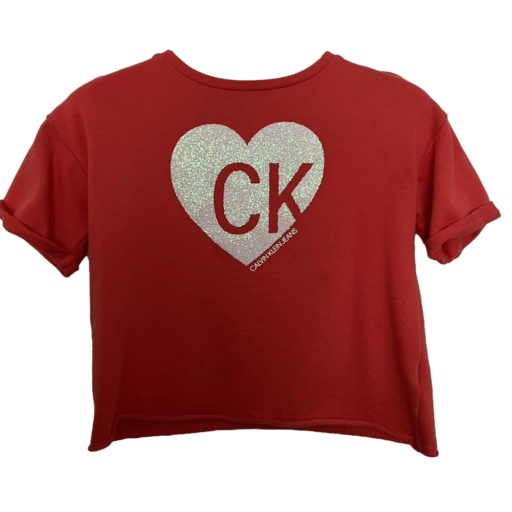 🌵 CK Calvin Klein Teen Orange Glitter Heart Logo Cropped Sweatshirt - L (14-16)